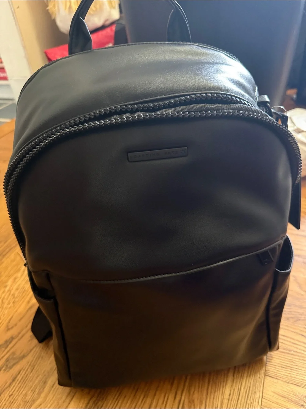 Boarding Pass Sleek Black Vegan Leather Backpack with Padded Straps New